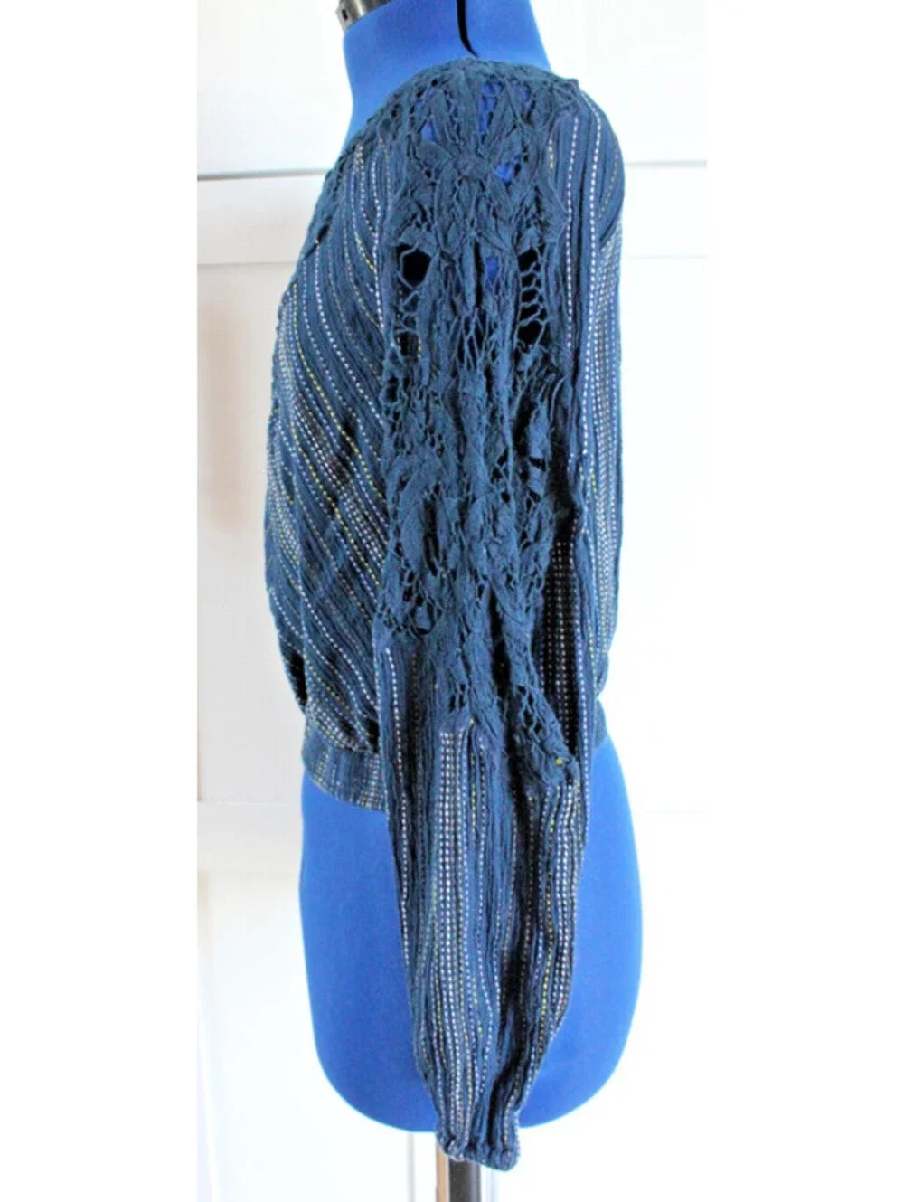 Free People Floating Memories Blouse Navy Lace Balloon Sleeve Boho Top XS